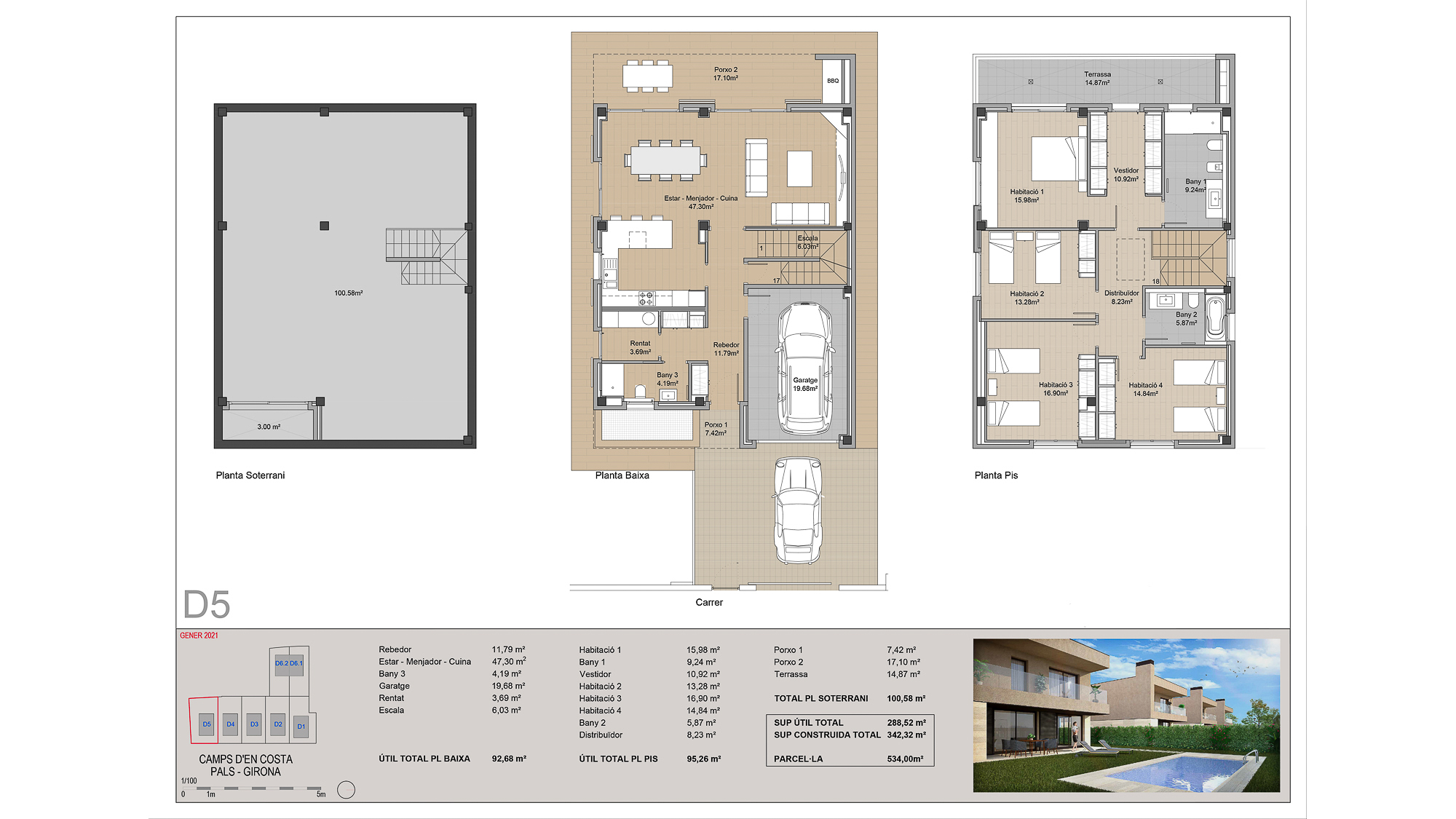 Plano casa de obra nueva de alto standing con piscina en Pals