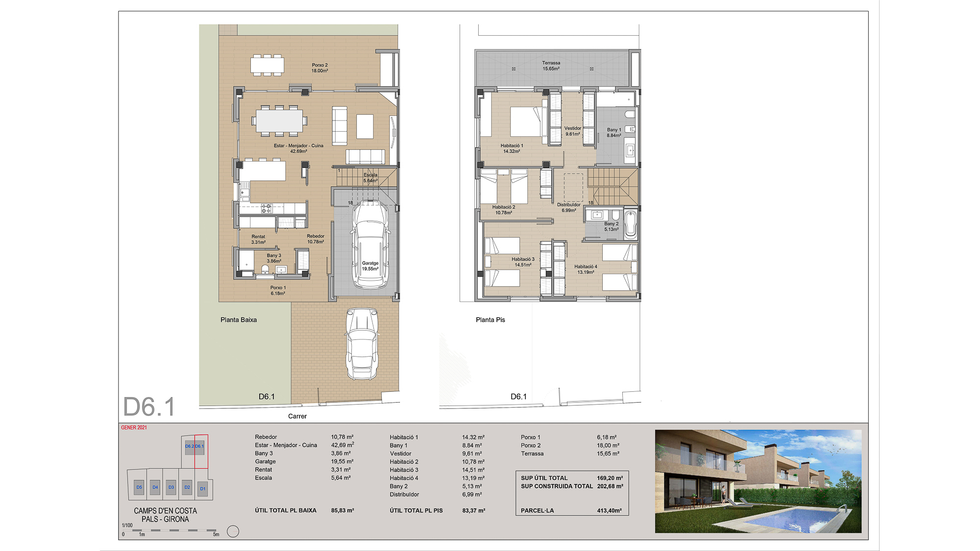 Plano casa de obra nueva de alto standing con piscina en Pals