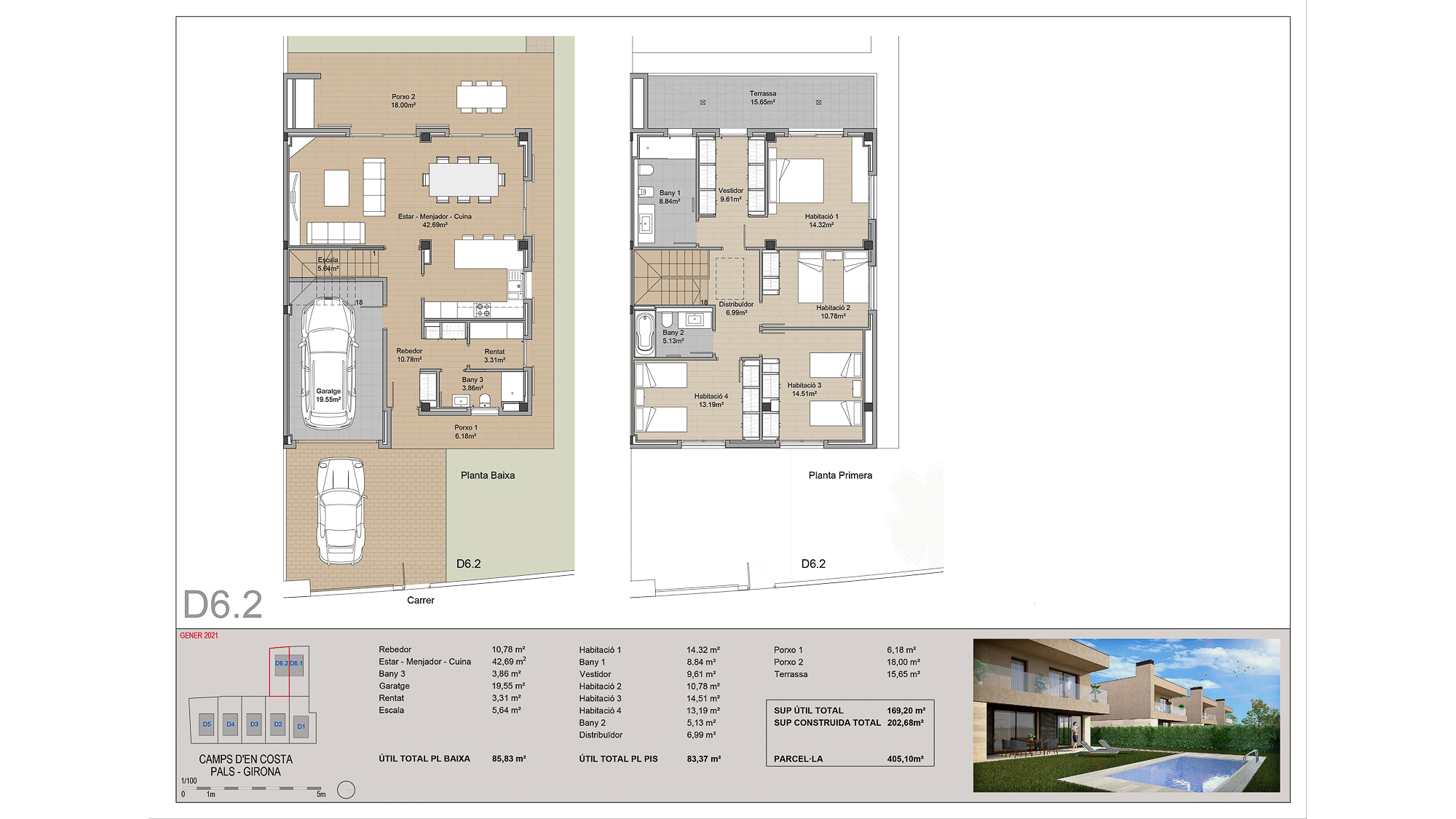 Plano casa de obra nueva de alto standing con piscina en Pals