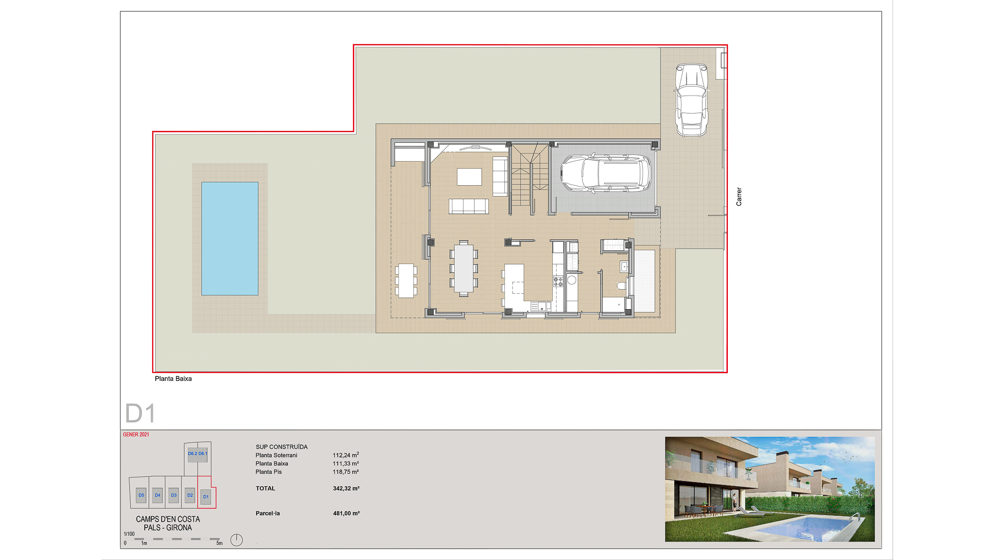 Floor plan of a high standing new build house with swimming pool in Pals