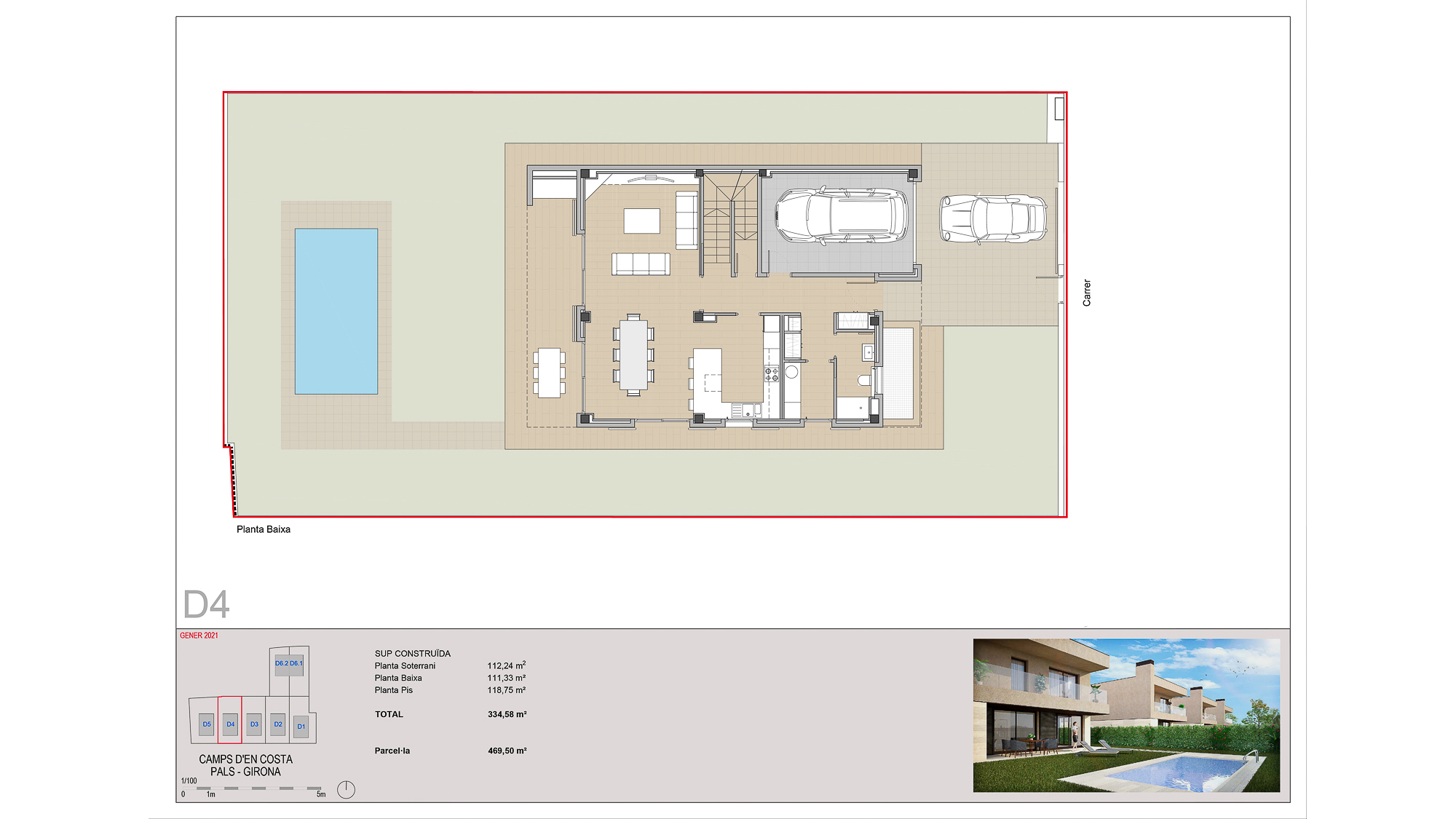 Plano casa de obra nueva de alto standing con piscina en Pals