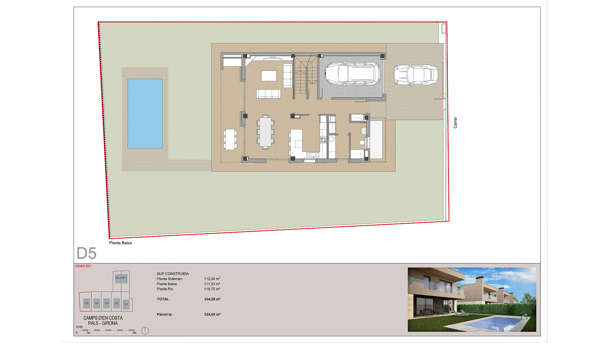 Plano casa de obra nueva de alto standing con piscina en Pals