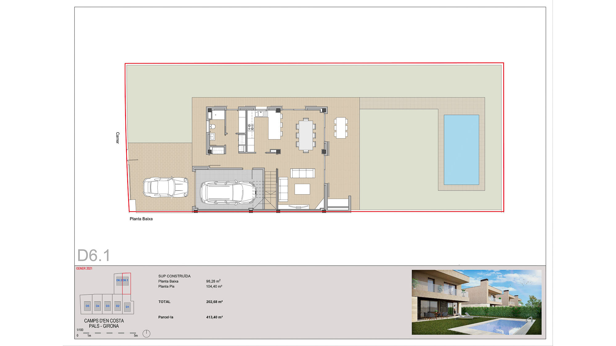 Plano casa de obra nueva de alto standing con piscina en Pals