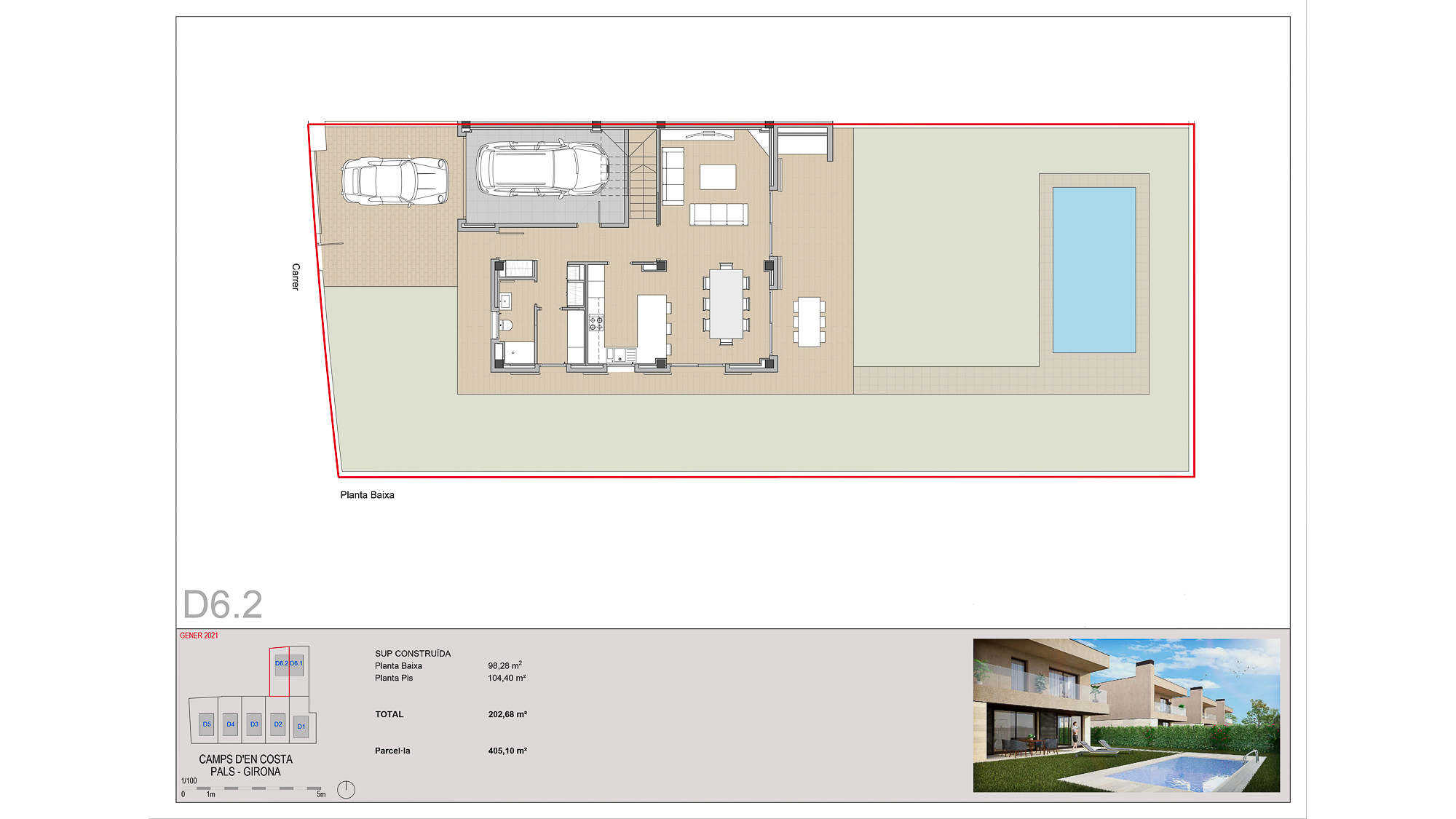 Plano casa de obra nueva de alto standing con piscina en Pals