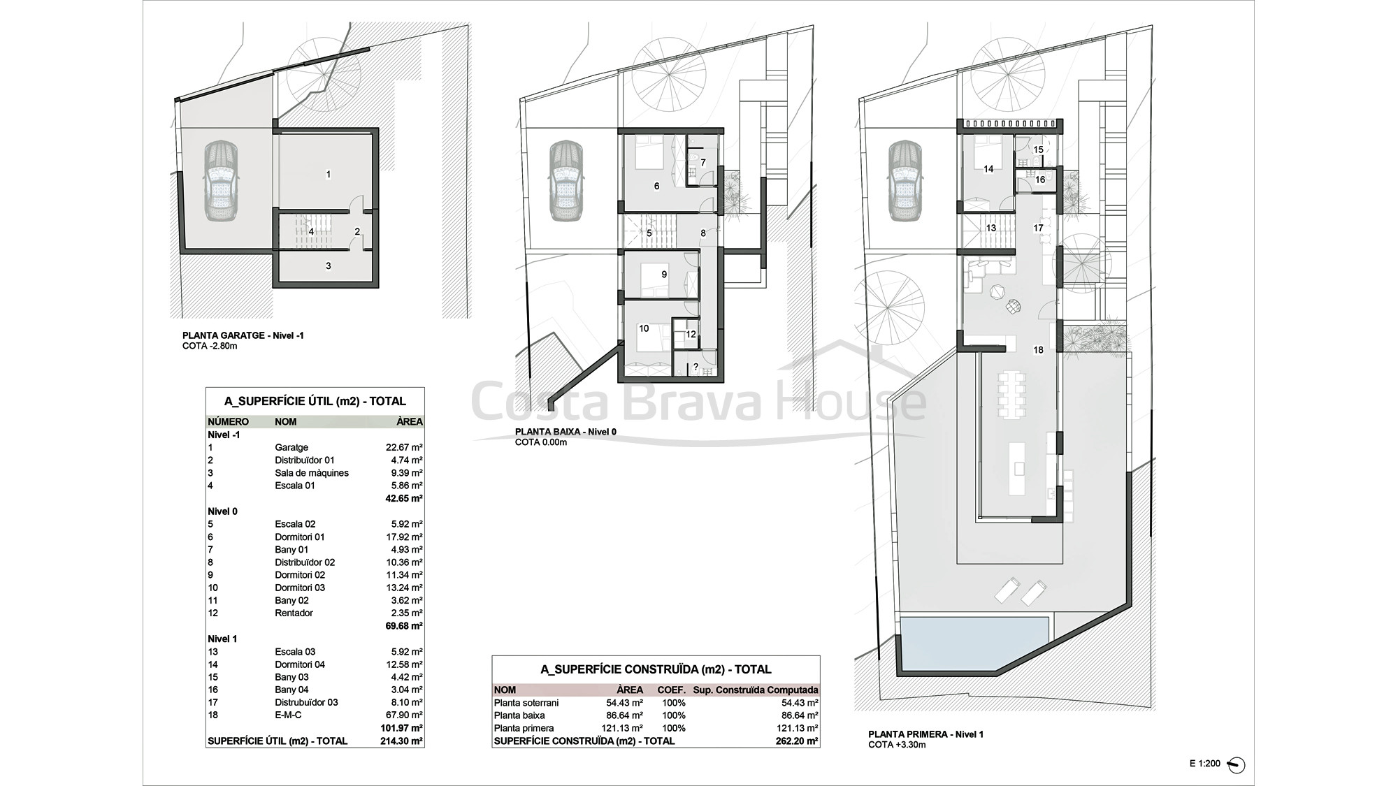 Floor plan modern luxury villa in Tamariu with garden, swimming pool and garage